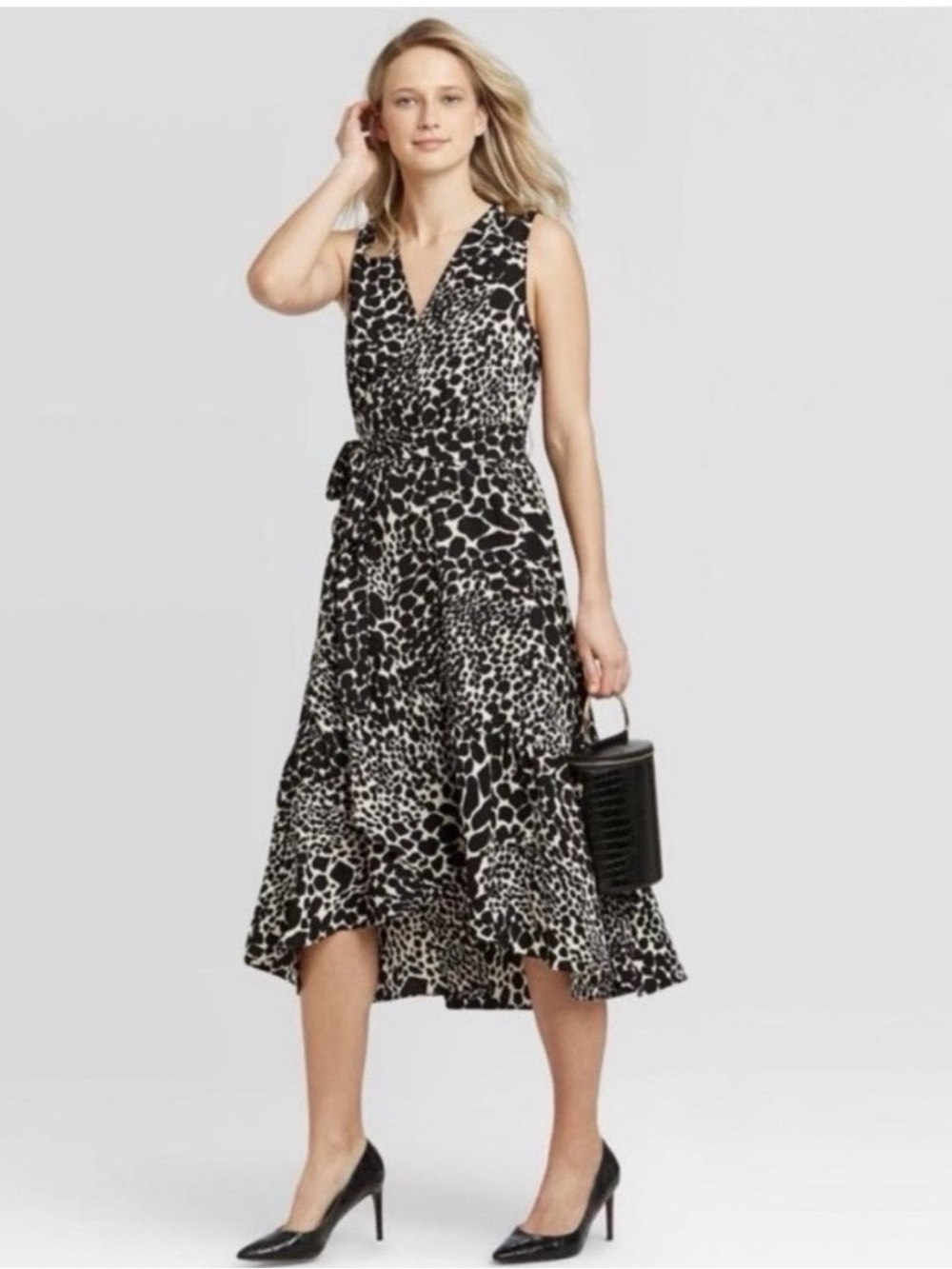 NWT Who What Wear Swirling Leopard Wrap Ruffle High Low Maxi Dress XS